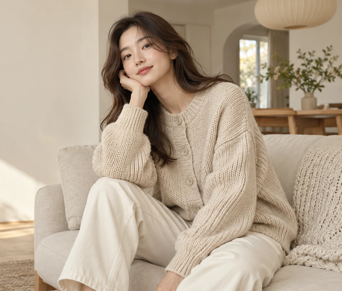 Oatmeal chunky-knit cardigan styled in a softly lit apartment
